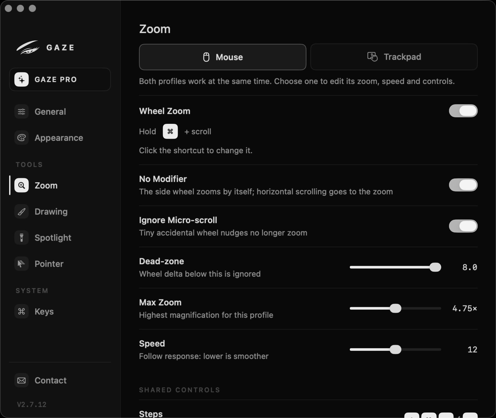 Gaze – Zoom settings: mouse and trackpad profiles, wheel-zoom modifier, max magnification, follow speed, fixed steps